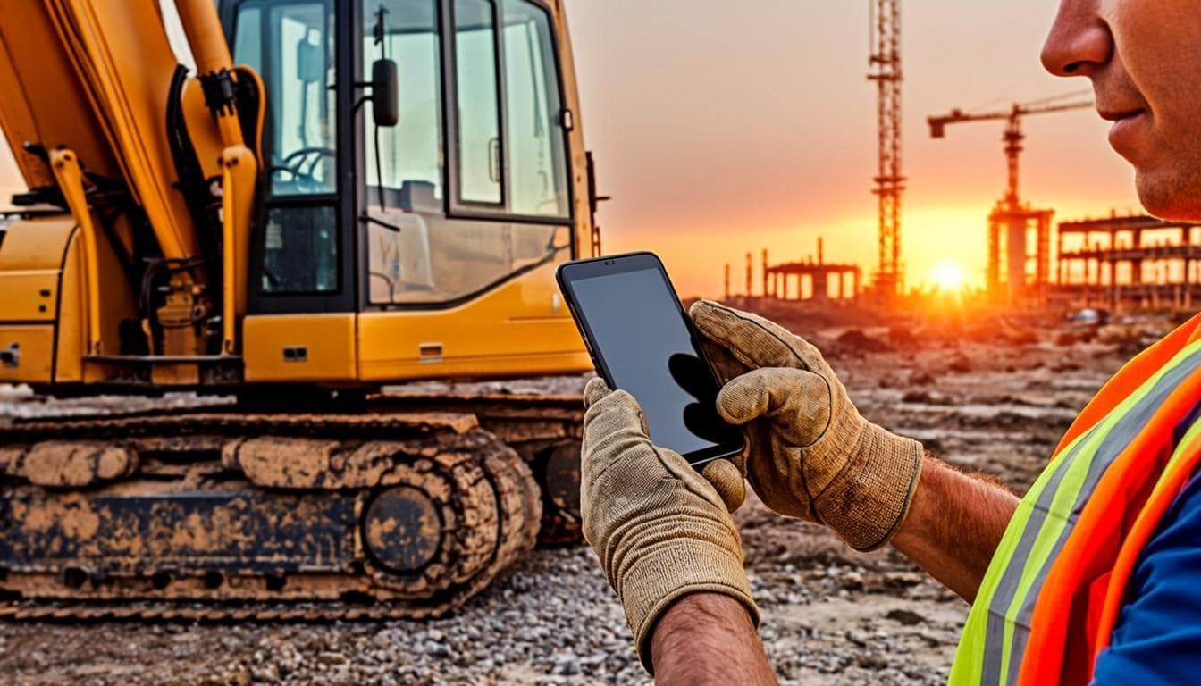 Mecánico fotografiando la plaqueta de identificación del motor de una excavadora amarilla con su celular