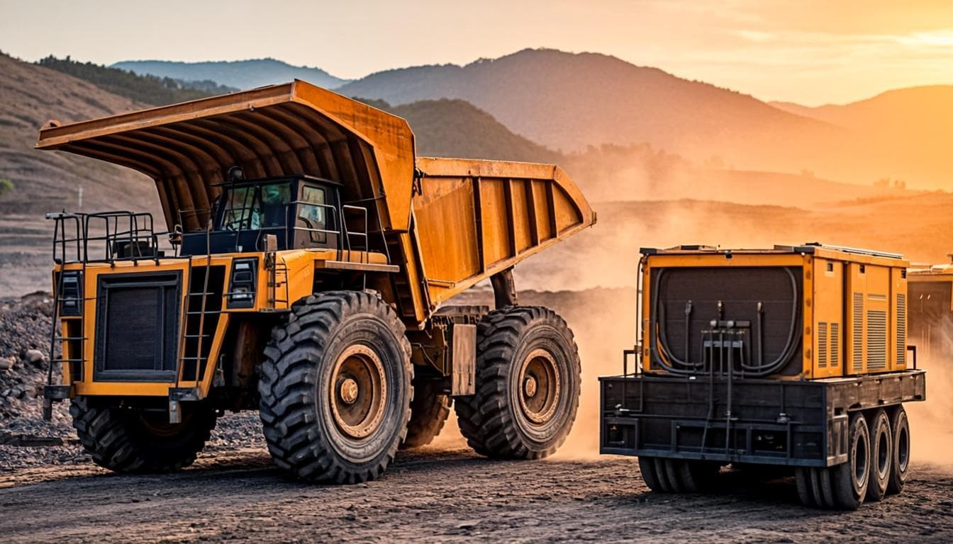 Volqueta amarilla y planta eléctrica en sitio de trabajo