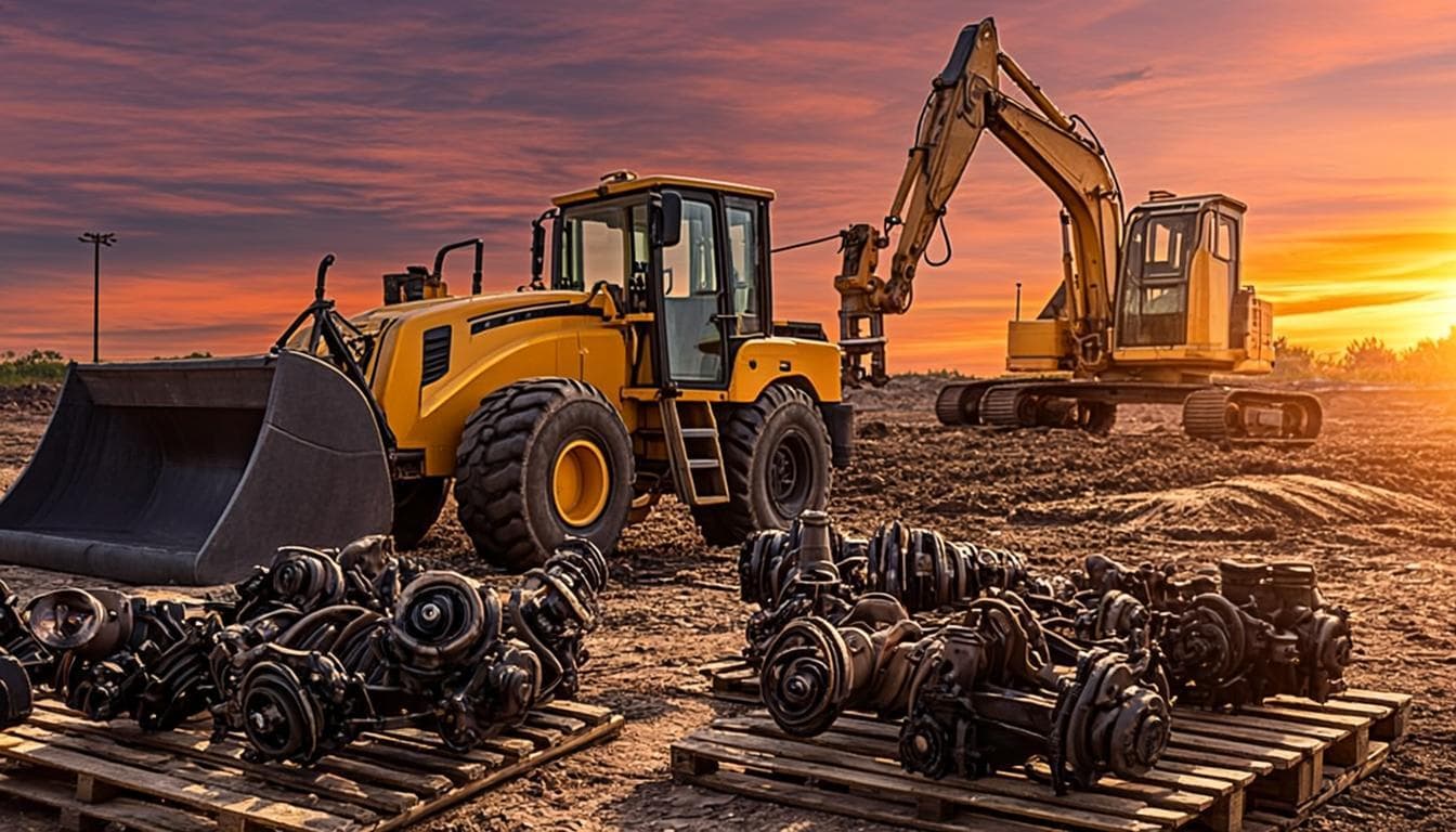 Retroexcavadora y excavadora amarillas en obra con repuestos diésel en primer plano