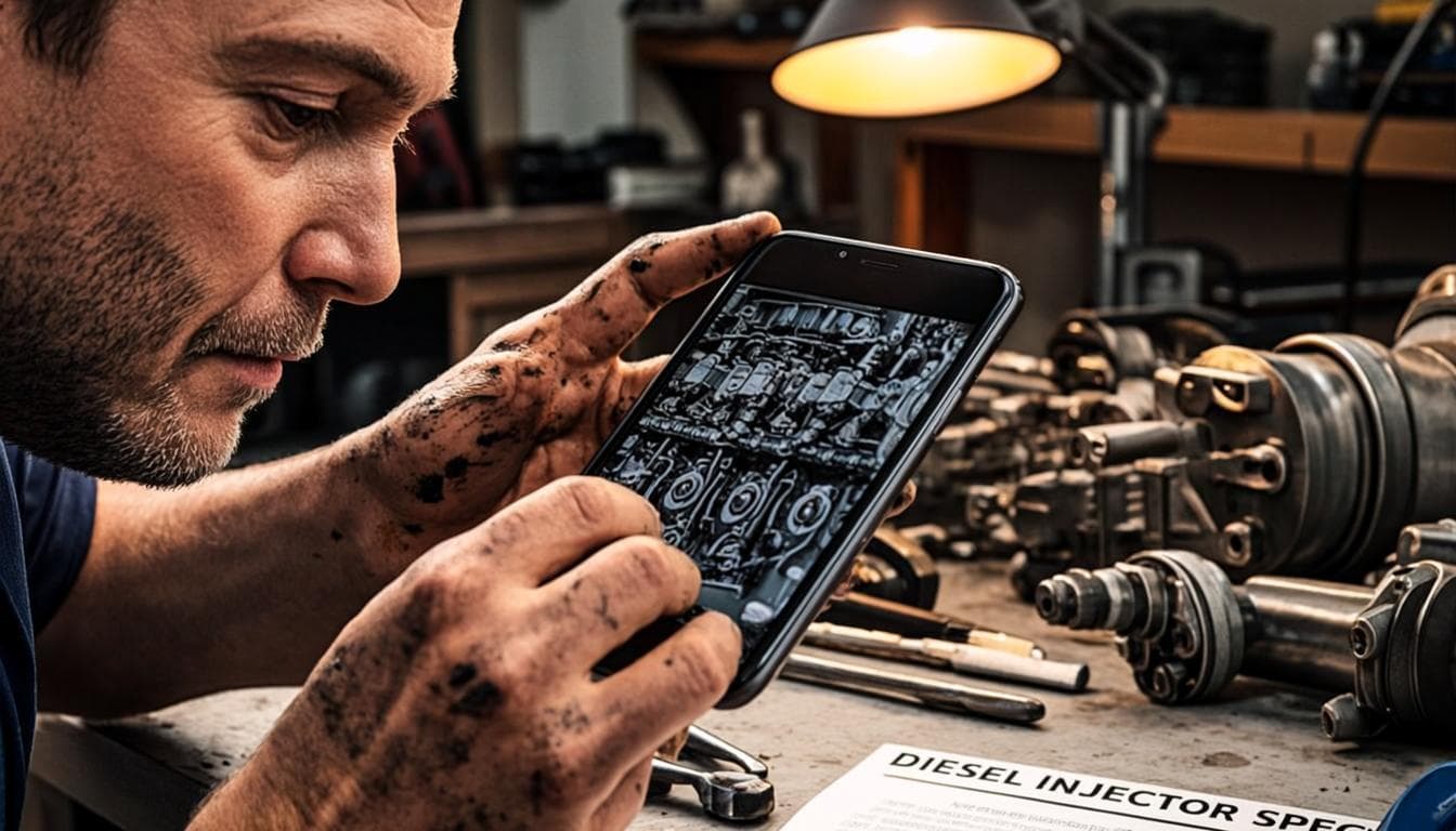 Mecánico comparando un inyector diésel real con la foto de la pieza en su celular antes de confirmar una compra